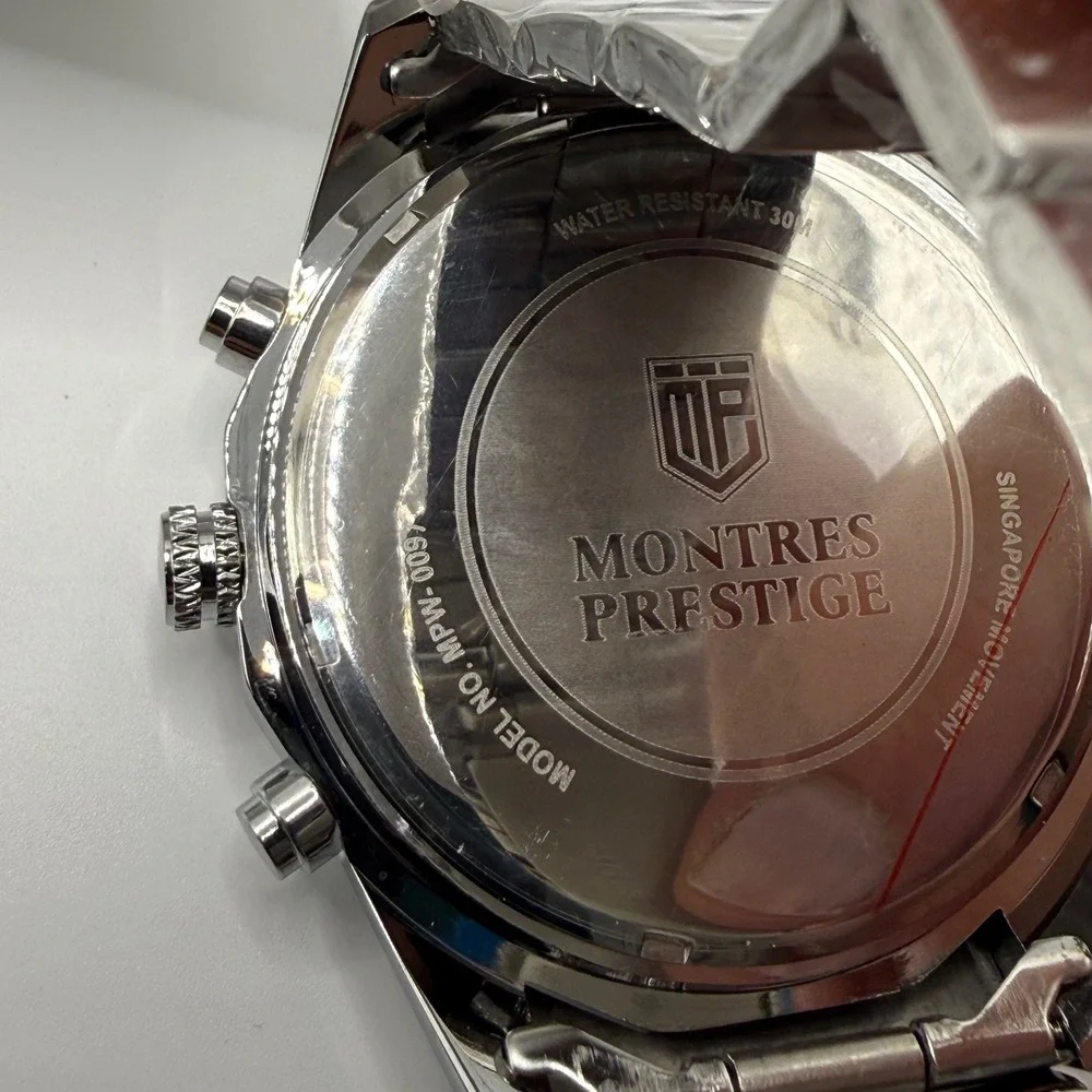 Montres Prestige Mens Chronograph Watch Silver White Tachymeter MPW-0097 NEW